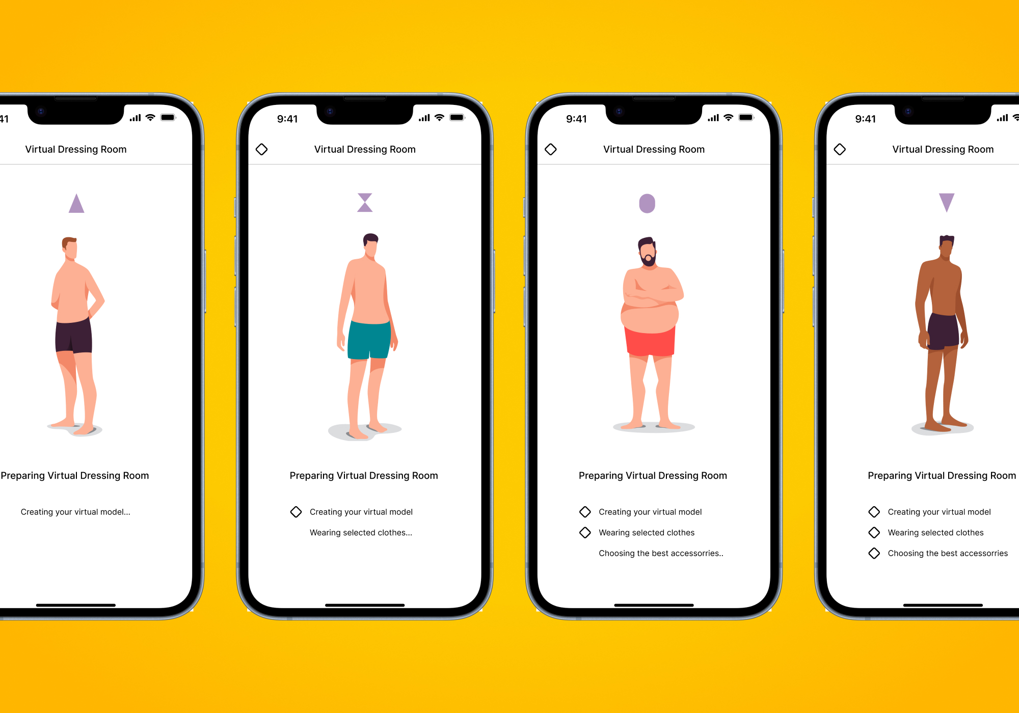 mockup of virtual tryout app showing several different body shapes