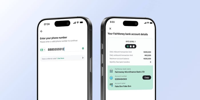 Two smartphones displaying the FairMoney app in use