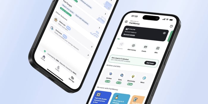 Two smartphones displaying the FairMoney app in use