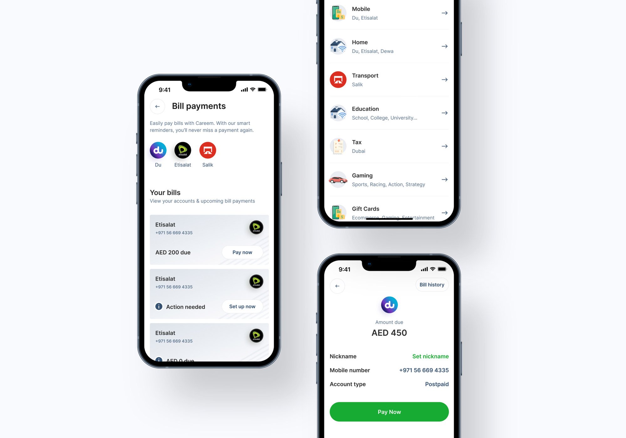 Carrem Pay app bill payments screens