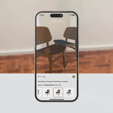 Phone displaying an AR ecommerce app in use - browsing for a chair 