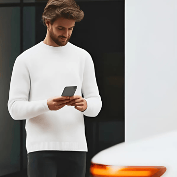 Man holding a smartphone standing besides a white car