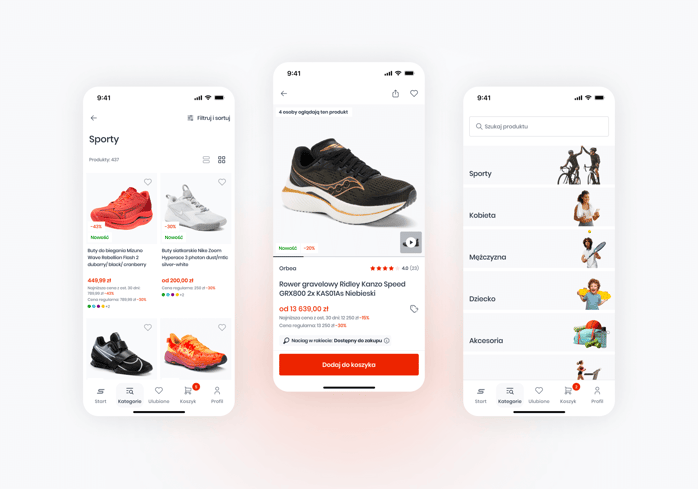 3 screenshots of Sportano app in use with sneaker offers displayed, white background