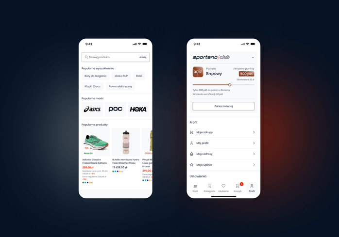 2 screenshots of Sportano app in use on navy blue background